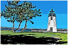 Newport Harbor Light in Small Park - Digital Painting